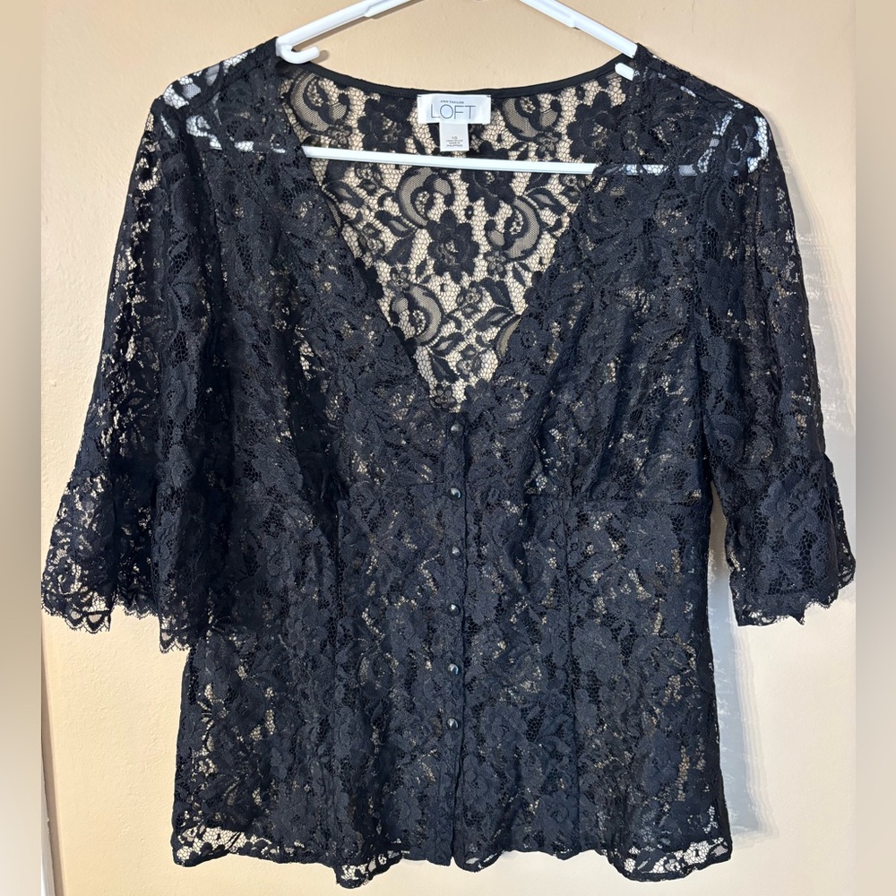 LOFT Navy Lace Button Down Blouse